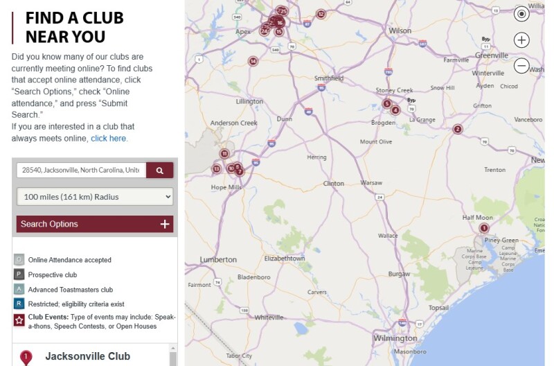 Image of Toastmasters International Club Finder Tool with Jacksonville NC club 3478 